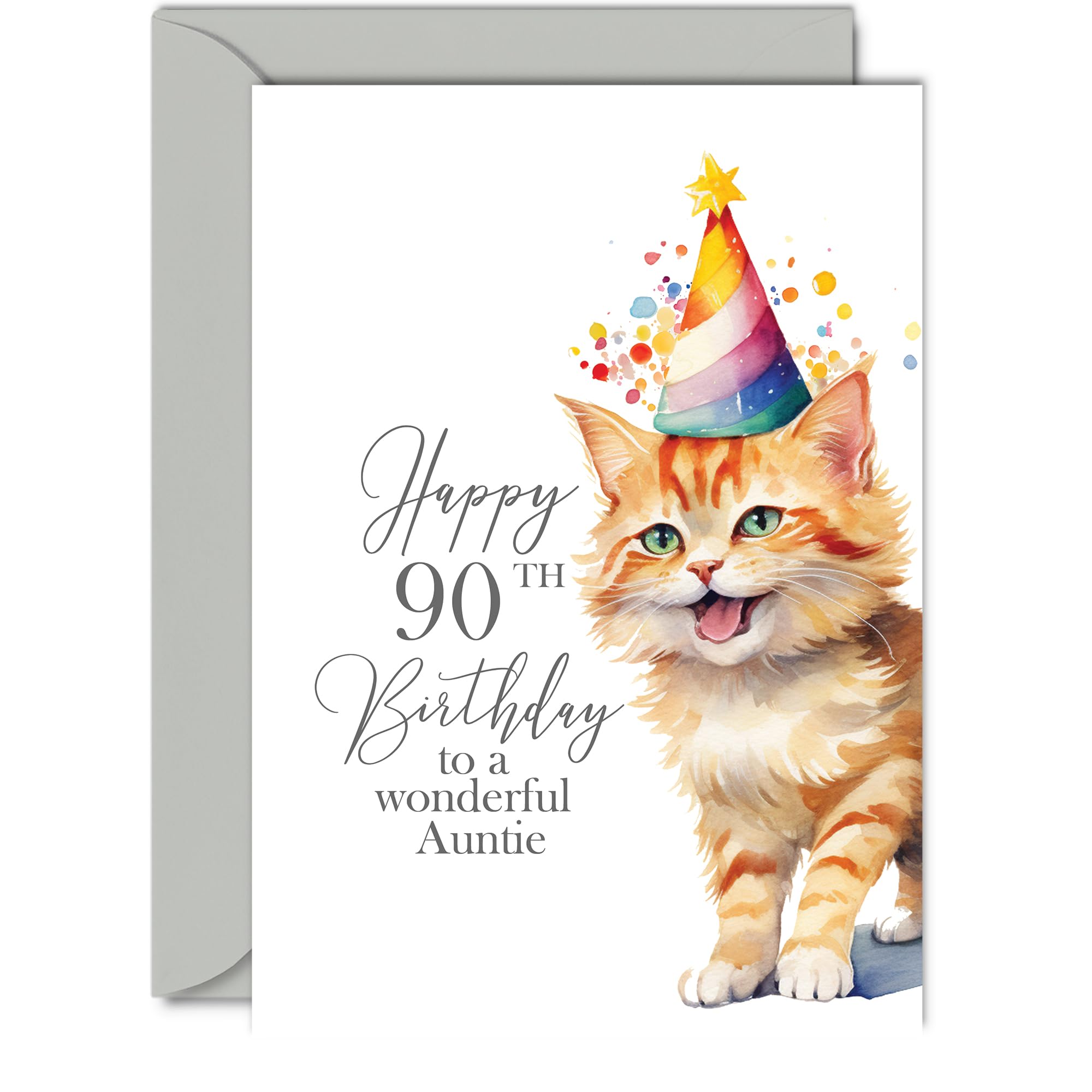 Giftzie 90th Birthday Cards for Auntie - Party Cat Kitten - Happy Birthday Card for 90 Year Old Aunt from Niece Nephew, A5 Greeting Card
