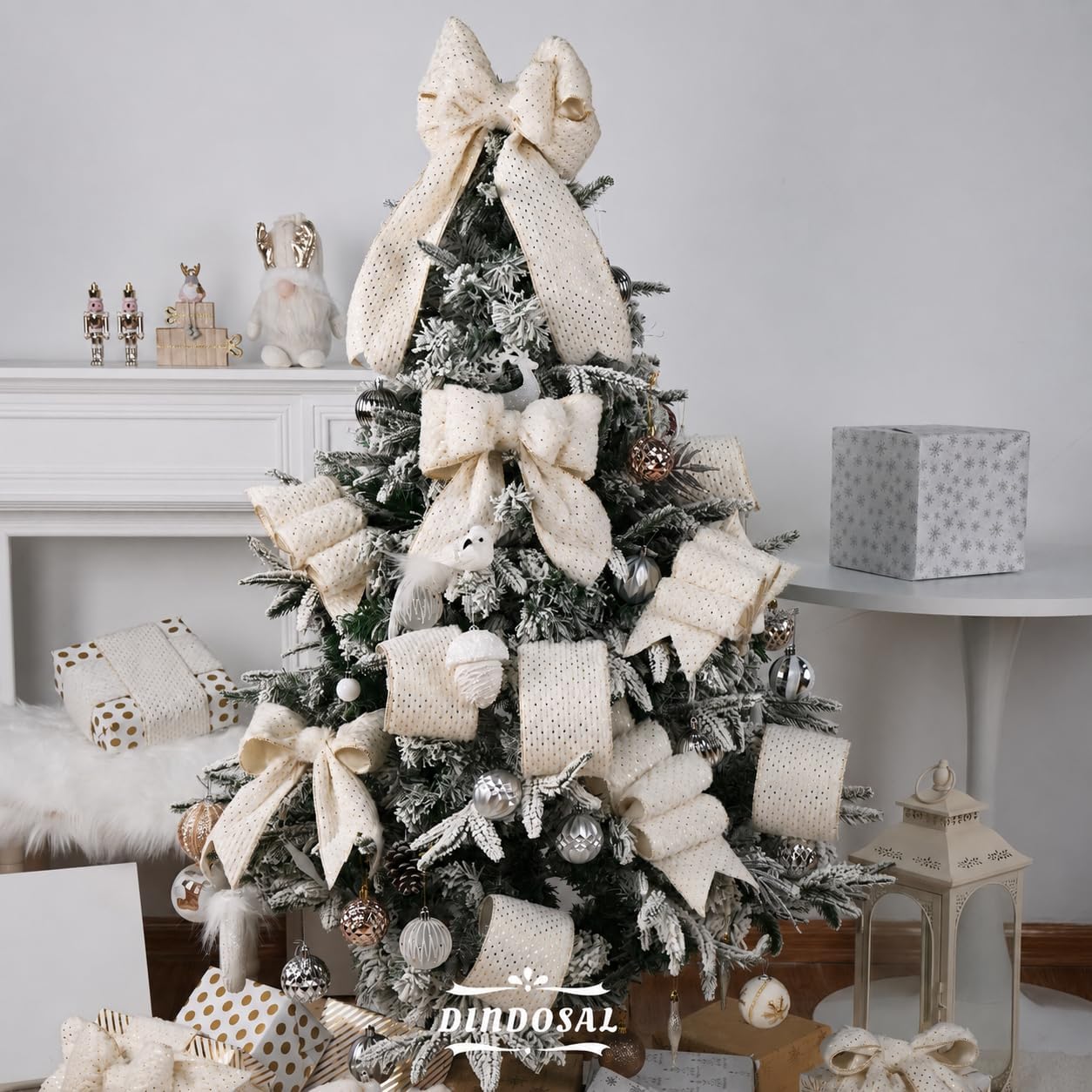 White and Gold Christmas Wired Ribbon, 4 Inch x 10 Yards | White Faux Fur, Gold Polka Dot, Wide Christmas Tree Ribbon, For Bows, Wreaths, Garlands, Gift Wrapping