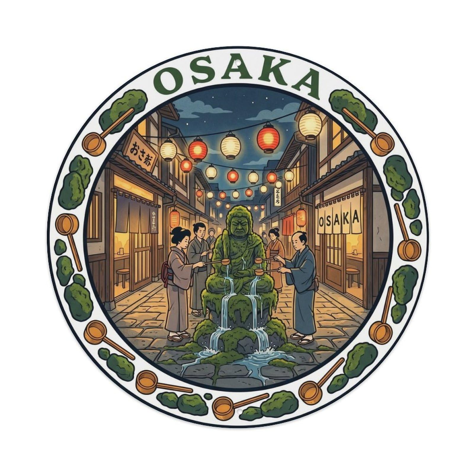 Olhnbad Style Osaka Hozenji Yokocho Moss Fudo Statue Alley Lantern Metal Tin Sign