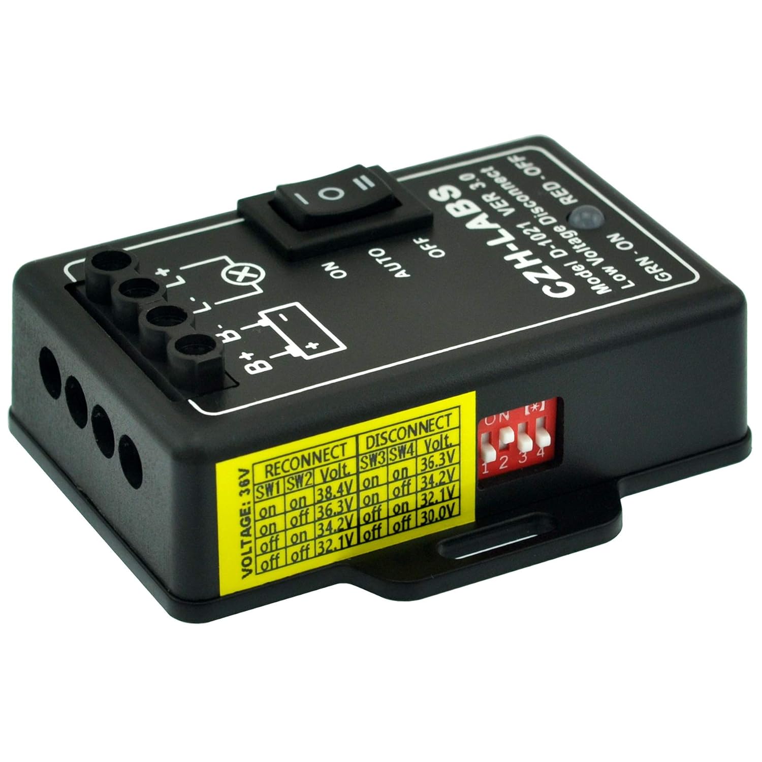 LVD Low Voltage Disconnect Module. (36V / 30Amp, Black, Rocker Switch, AUTO Operation)