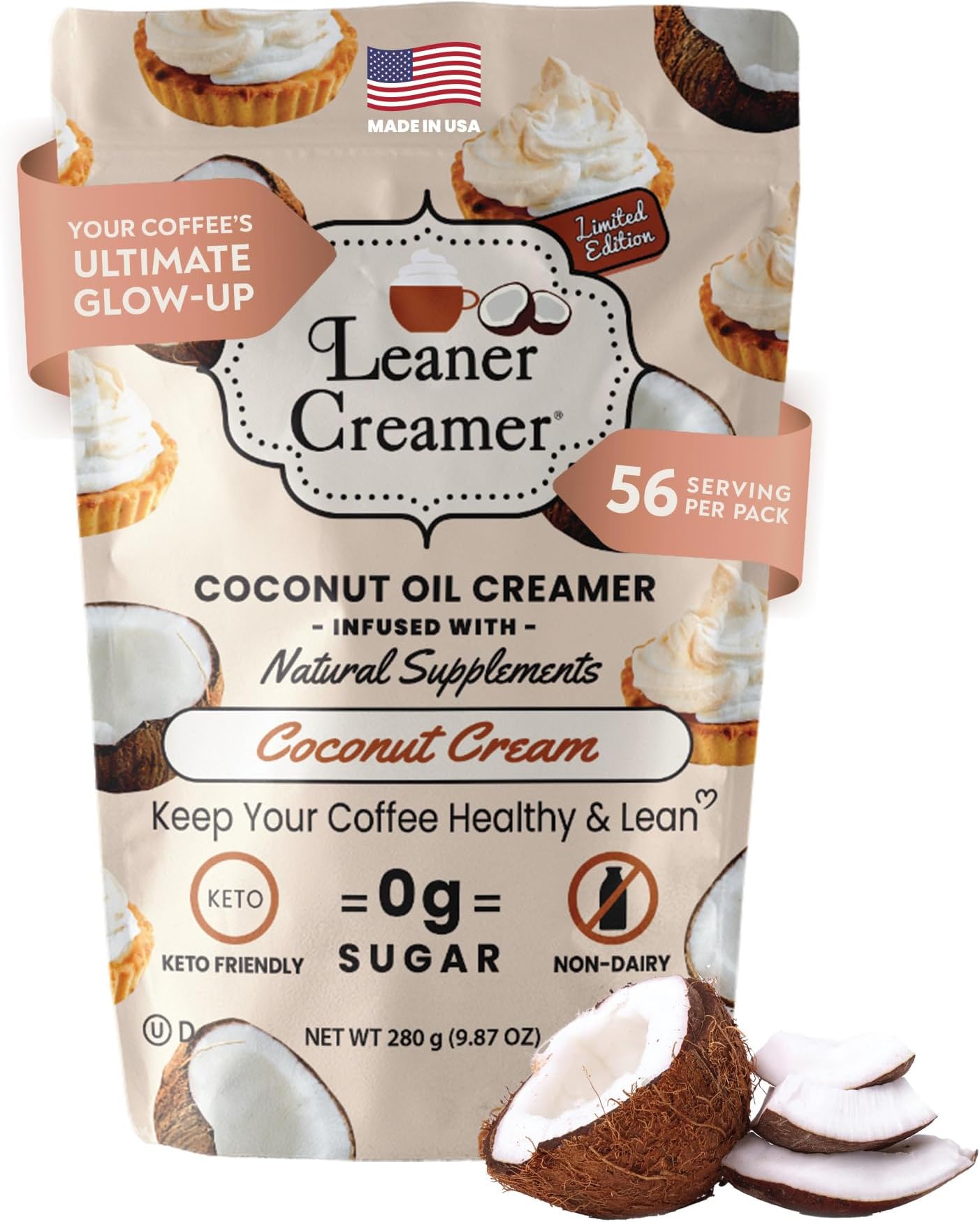 Leaner Creamer Coconut Creamer with Superfood Ingredients – Non-Dairy, Sugar-Free, Keto, Gluten-Free Powdered Coffee Creamer – Coconut Cream – 280g