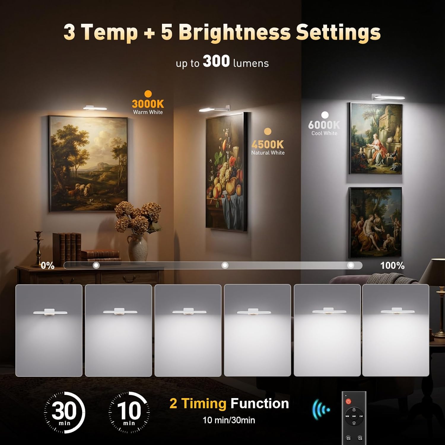 NARUNDREN 2 Pack Picture Lights for Wall, Rechargeable LED Picture Light Battery Operated with Remote, Dimmable Poster Light for Paintings, Portraits, Art Frames, Display Lighting for Wall Decor,White