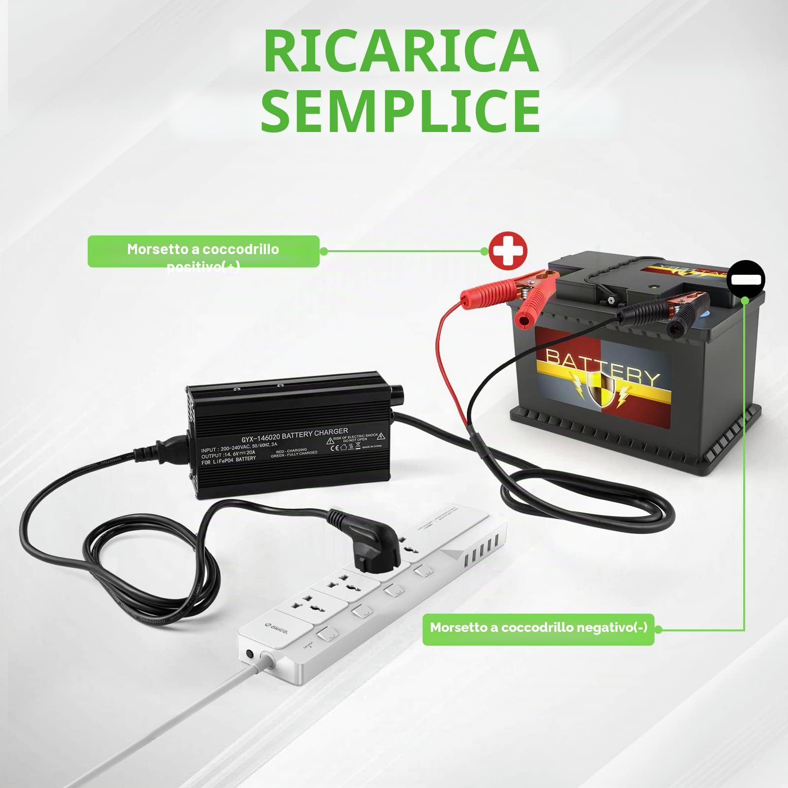 LiFePO4 - Caricabatteria da 14,6 V, 20 A, per batteria da 12 V, 100 Ah, interfaccia a clip a coccodrillo, caricatore intelligente al litio a sei livelli