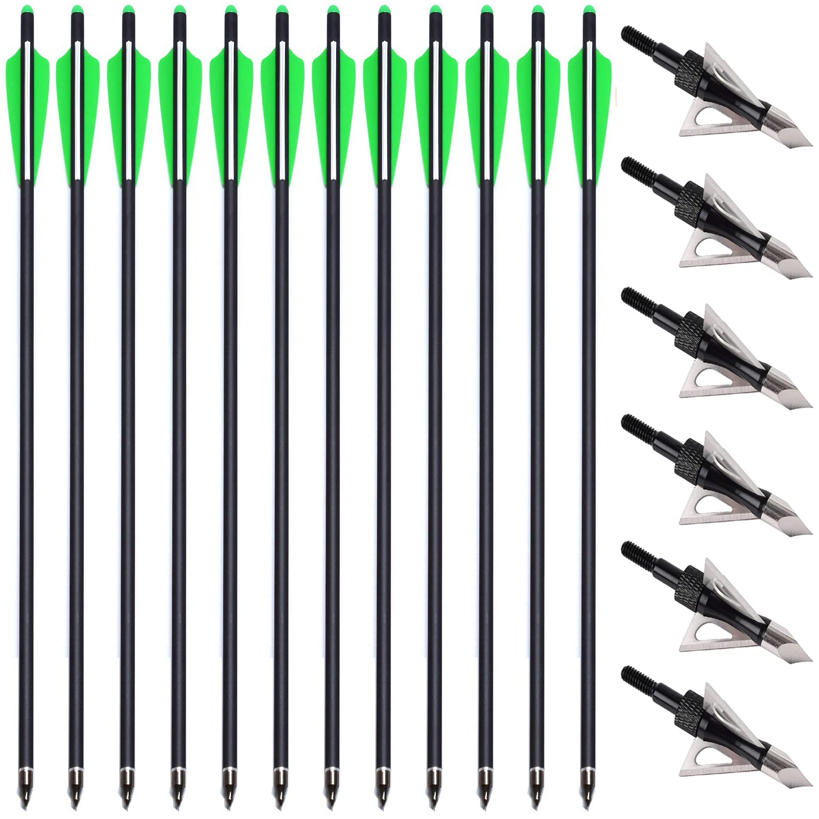 PMSM 12 pièces Flèches d'arbalète en Carbone 20 Pouces Boulons d'arbalète et 6 pièces Pointes de Flèche de Chasse, Fleches Arbaletede de Chasse pour Pratiquer la Cible de tirla(Vert et Noir)