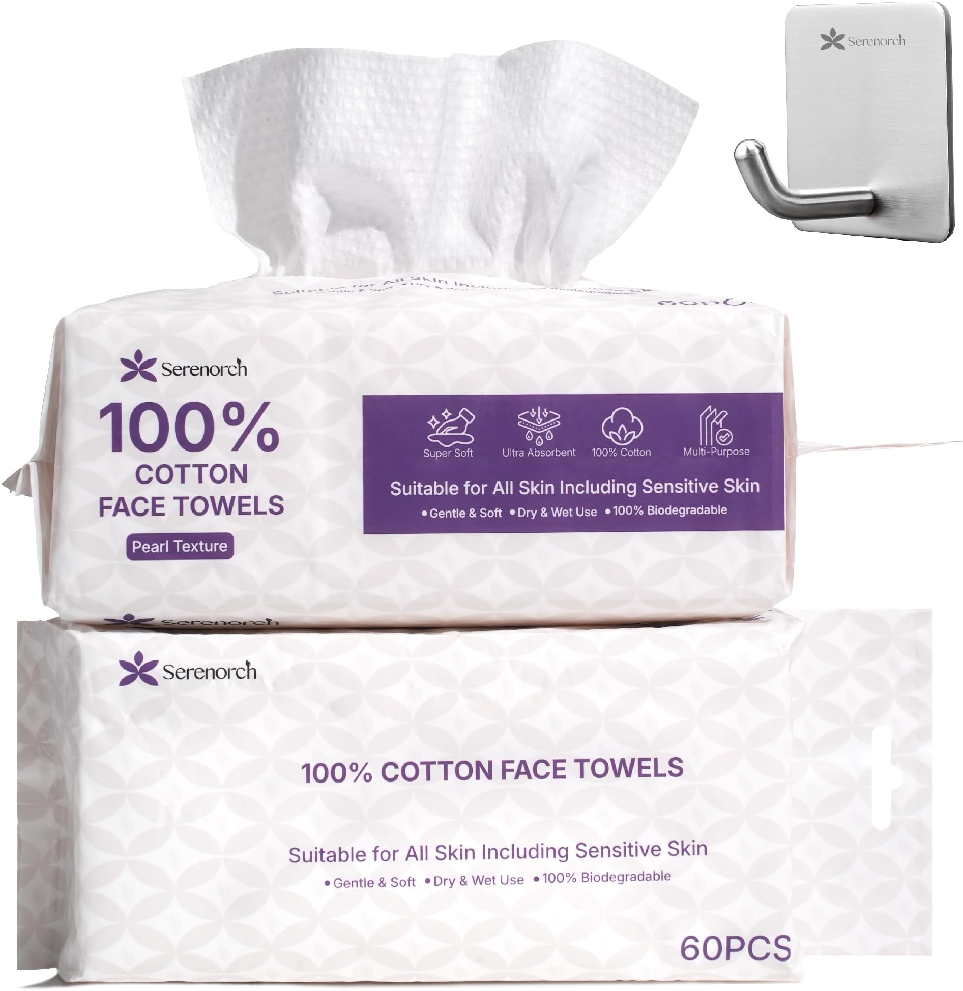 100% Cotton Disposable Face Towels 120 Count, Soft Cotton Tissue for Sensitive Skin, Makeup Remover Dry Wipes, Lint Free Facial Cleansing Cloths for Baby & Adult, Hanging Bag
