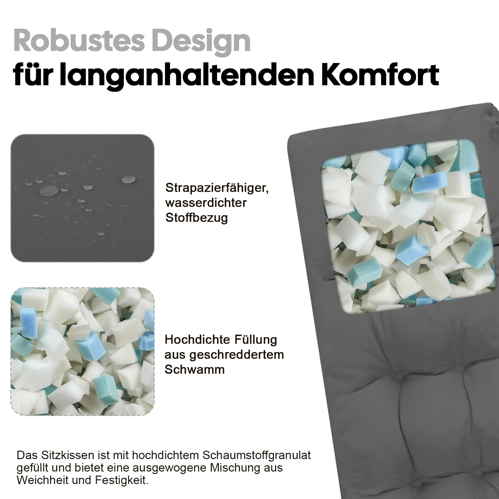 Bankauflage Outdoor, Bankkissen Wasserdicht mit Schaumstoff Gefüllt, Bindebänder und Mehrfach-Steppung, Gartenbank Auflage für Gartenmöbel, Sitzbank und Hollywoodschaukel, 120x40cm, Grau