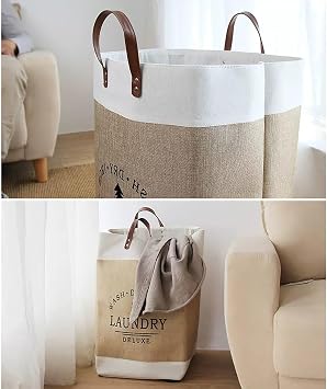 Laundry Hamper Large, Laundry Basket Organizer, Collapsible Dirty Clothes Basket with PU Leather Handle, Linen Clothes Hamper for Storage Toys and Clothing in Bedroom, Bathroom(Beige)