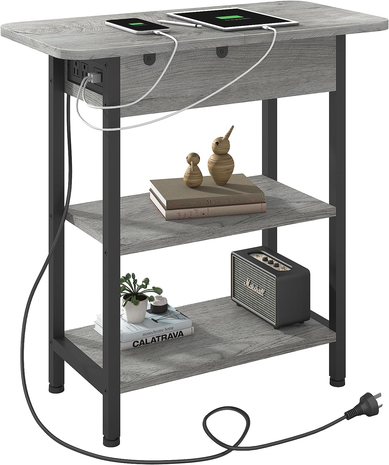 LIDYUK End Table with Charging Station, Flip Top Side Table with USB Ports and Sockets, Bedside Table for Small Spaces, Bedside Tables with Storage Shelf for Living Room, Bedroom, Light Grey