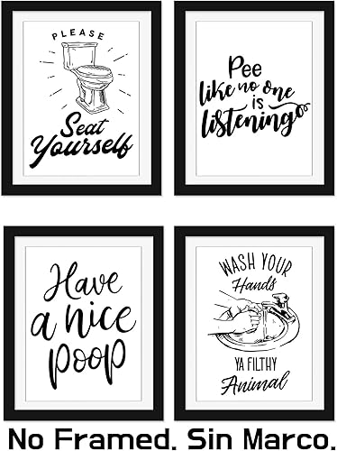Divertidos carteles de baño (juego de 4 sin marco, 8 x 10 pulgadas), impresiones de decoración de pared de tipografía de baño, blanco y negro sin