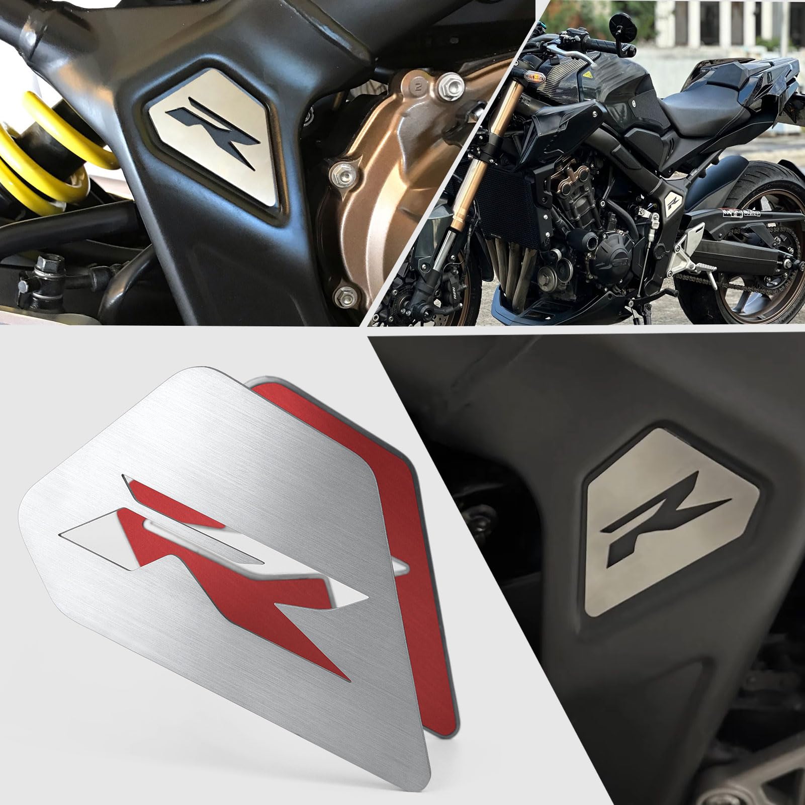 Couvercle latéral de cadre en acier inoxydable, couvercles CBR 650 R Type R remplissage de cadre pour HO&N&DA CB650R/CBR650R 19-25 Autocollant badge d'emblème décalque latéral cadre (Argent)