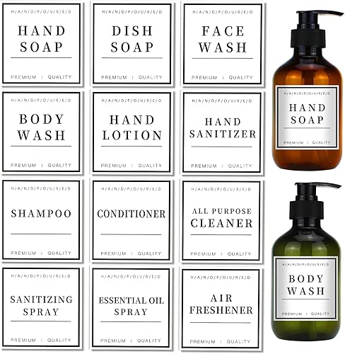 12 etiquetas impermeables para jabón de manos para botellas, dispensador de jabón de manos de bañococina, etiquetas de estilo minimalista para