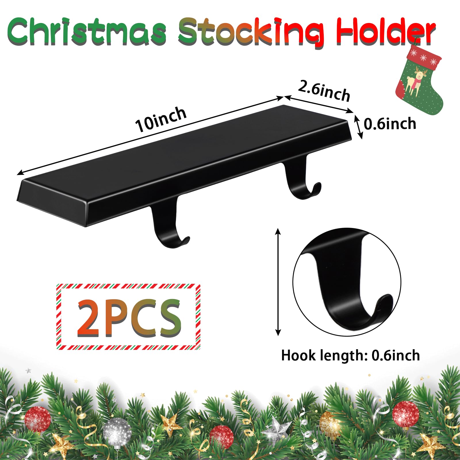 WYTAOHZL 2PCS Christmas Stocking Holders Metal Stocking Hangers Mantle Hangers Holders with Double Hooks Christmas Holder Bases for Fireplace Stair Indoor Decor Black