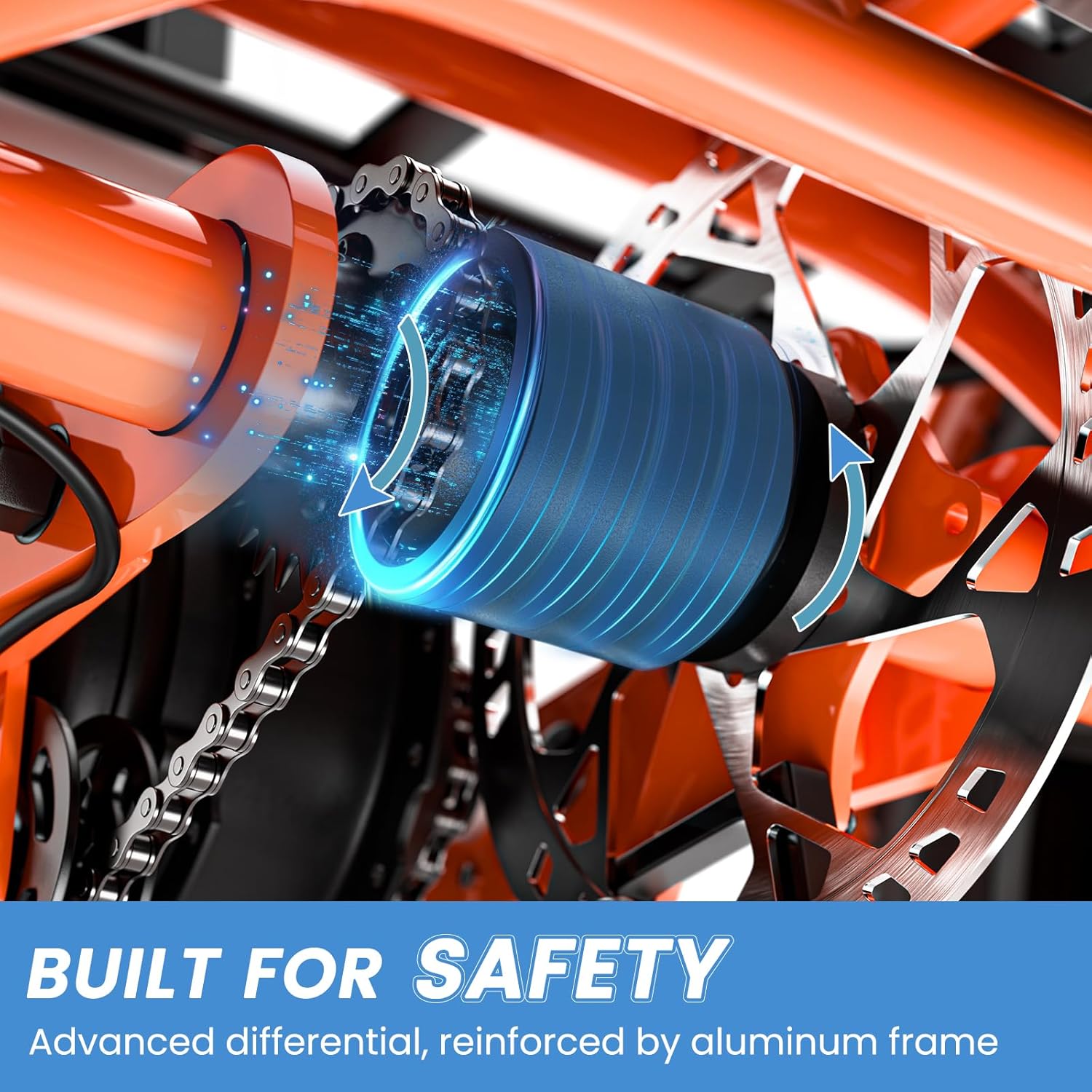 Close-up of the MOONCOOL E-Trike TK1's advanced differential and aluminum frame for safety