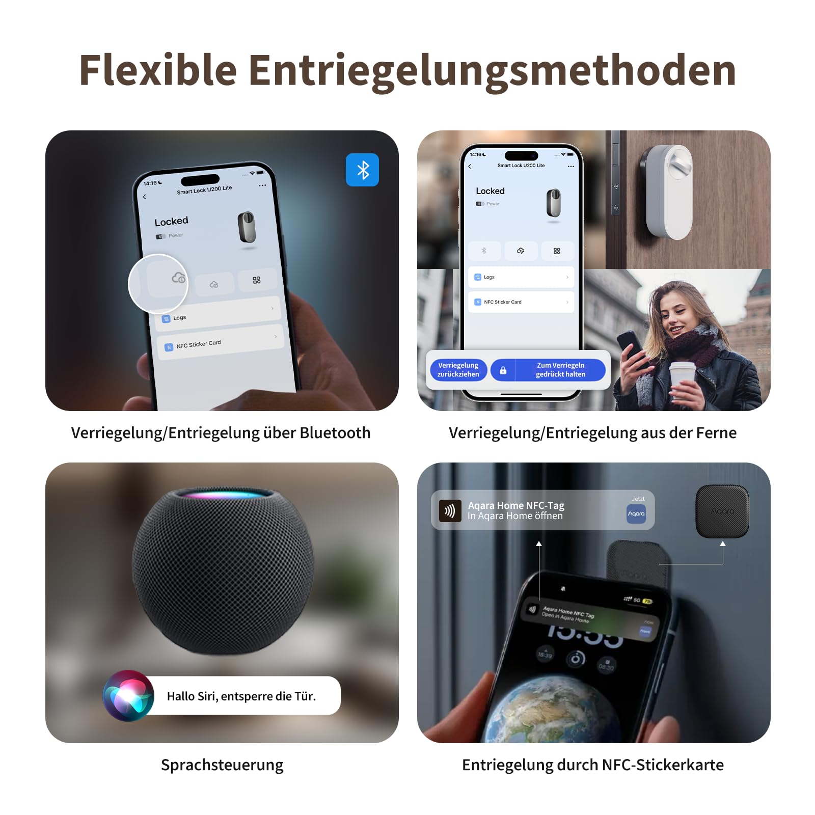 Aqara Smart Lock U200 Lite, Matter over Thread, Smartes Türschloss mit Aufladbarem Akku und Leiser Modus, Elektrisches Türschloss, Unterstützt Apple Home, Home Assistant, Google Home, Alexa, Schwarz