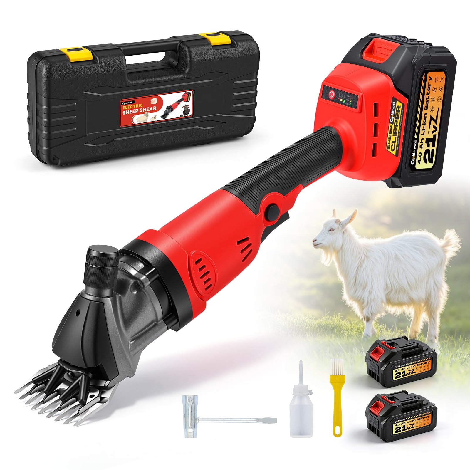 CGOLDENWALL Esquiladora Oveja Inalámbrica 600W, 3 Velocidades, Cabras | Prof, 1350RPM, 2x4.0Ah Batt. 21V, Asa Ergonómica, Protección Sobrecarga, Alpacas Camellos, Rojo