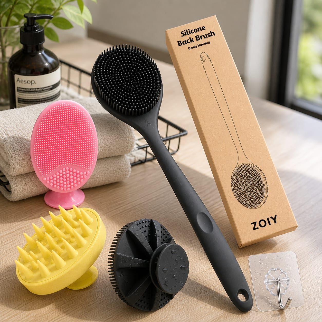 4-in-1 Silicone Bath Brush Set, Long Handle Back Scrubber with Body Scrubber, Scalp Massager, Face Massager, BPA-Free Exfoliating Shower Brush for Men and Women, Includes 3 Hooks-picture-50