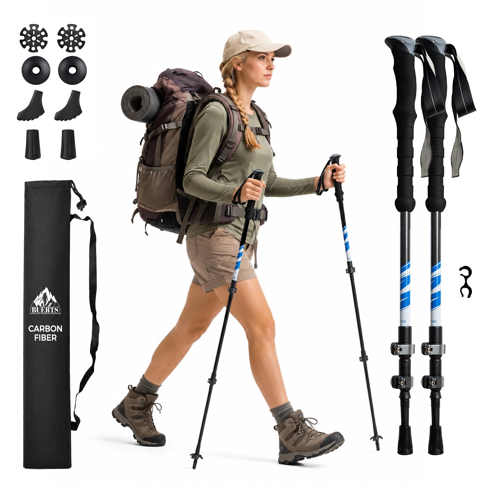 BUERTS Carbon Fiber Hiking Poles, Lightweight & Durable Walking Sticks for Hiking, Camping, Trekking, Suitable for Men Women Beginners & Professionals (BLUE)