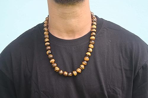 Miniatura 2 de Mens Tiger Eye Necklace - 14mm Large Beaded Necklace - Prosperity Crystals - Anti Depression Jewelry - 24 Inch Chain - Healing Crystal Jewelry
