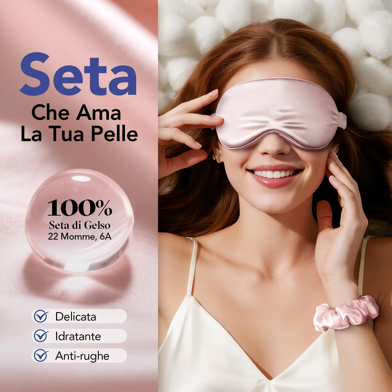 LitBear Maschera per dormire in 100% pura seta, 22 Momme 6A seta di gelso, maschera per gli occhi completamente bloccante per dormire, per donne, uomini, chi dorme sul fianco, con elastico per capelli