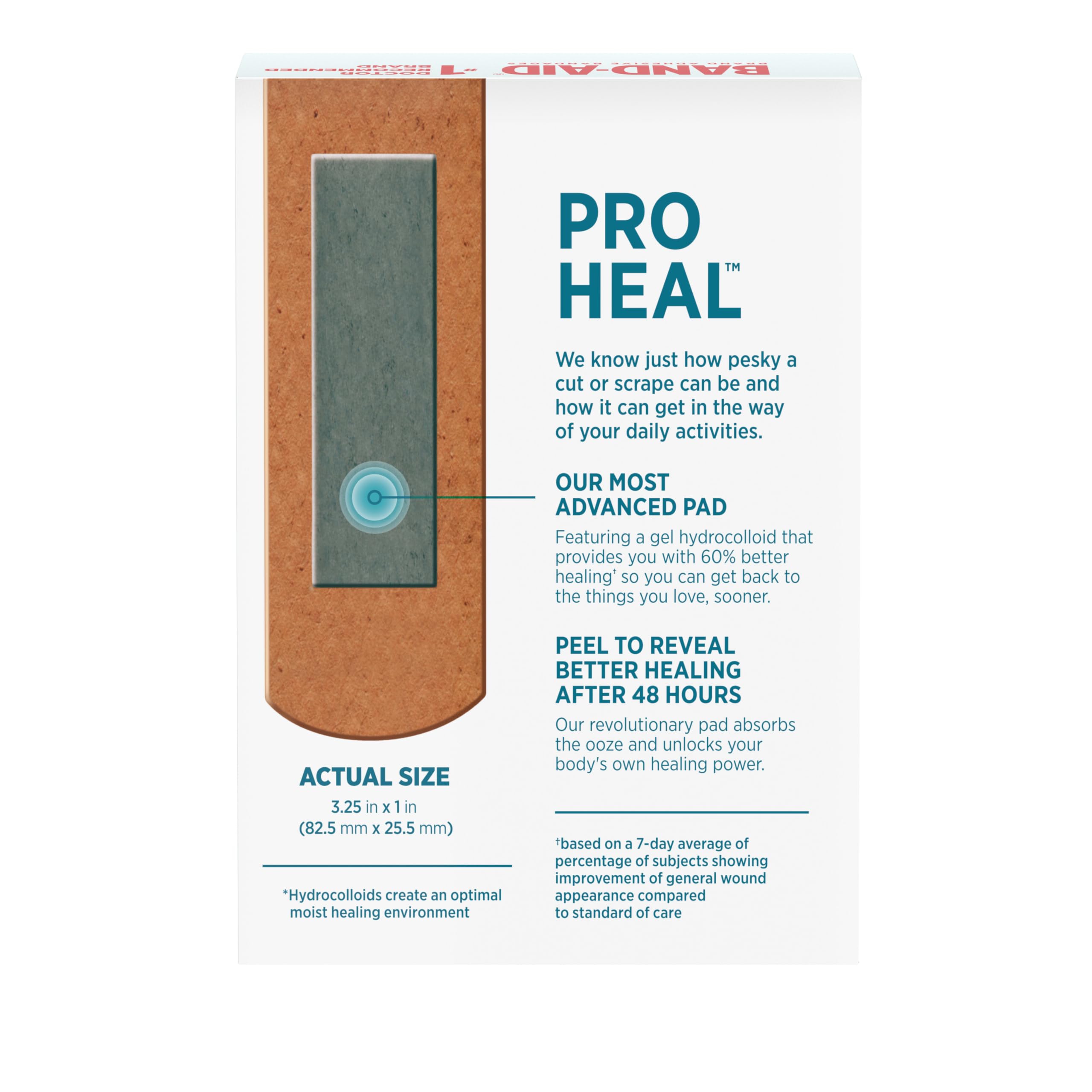 Band-AID Brand Pro Heal bandaże samoprzylepne z podkładką żelową hydrokoloidową, testowane klinicznie, lepsze gojenie drobnych ran, wodoodporne bandaże, kwalifikujące się do FSA/HSA, jeden rozmiar, 10