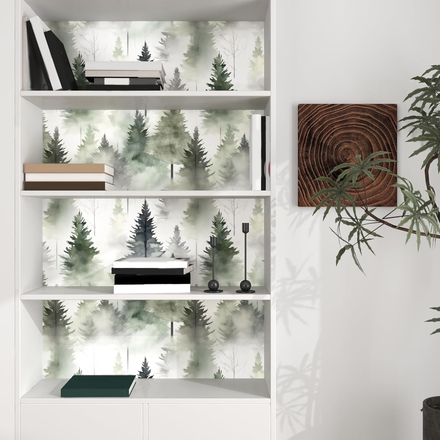 Laatse Foggy Forest Wallpaper Peel and Stick Misty Woodland Wall Mural Green Tree Contact Paper Waterproof Self-Adhesive Modern Wall Paper for Bedroom Cabinet Drawer Decor 17.5in x118in