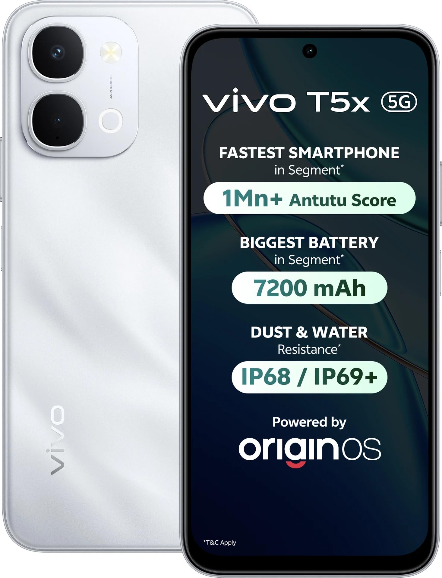 vivo T5x 5G (Star Silver, 8GB RAM, 256GB Storage) | 50MP AI Dual Camera | 32MP Selfie | 6.76" FHD+ Display | 7200mAh Battery | Dimensity 7400-Turbo Processor | Fast Charging | Dual SIM Smartphone