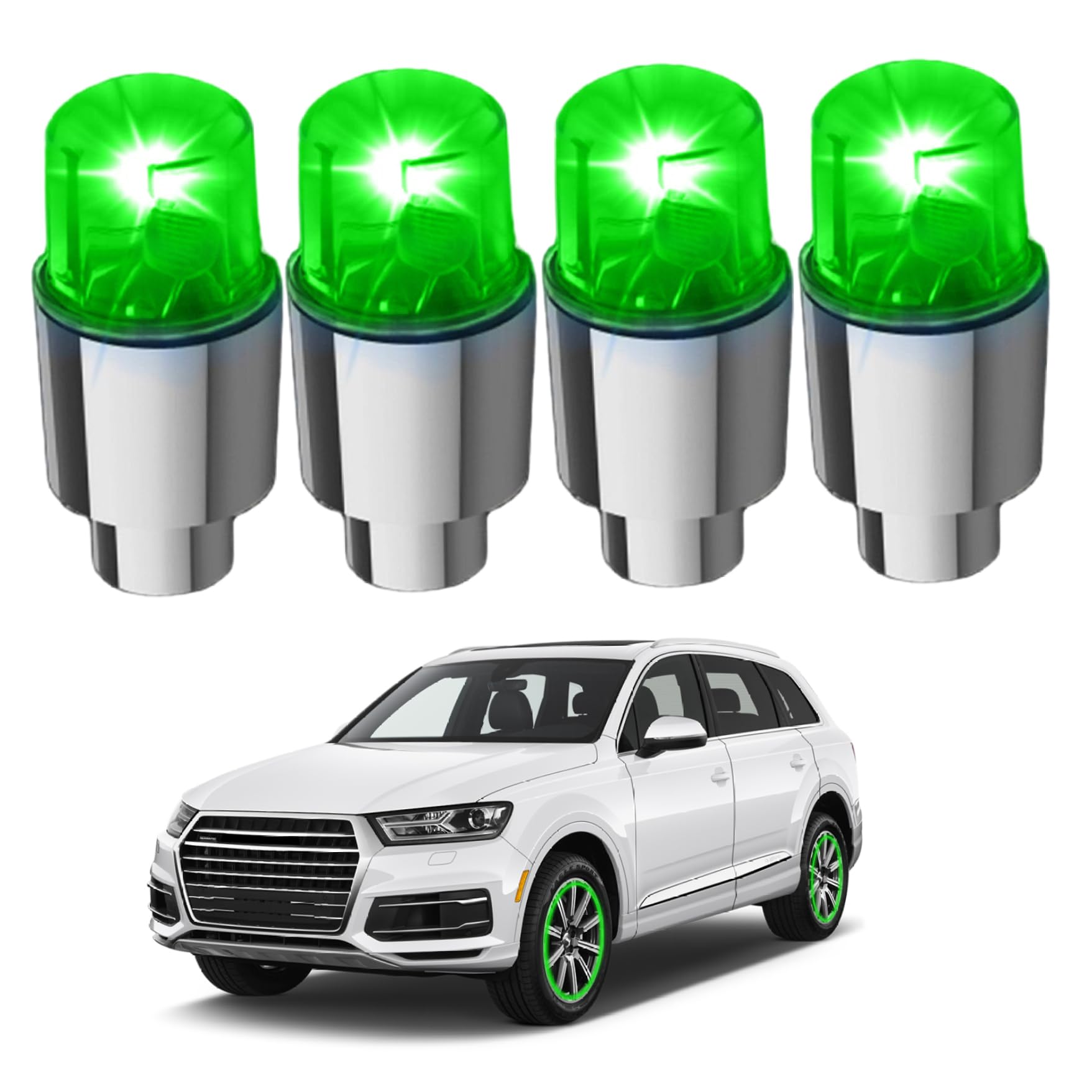 Tire Lights, 4 PCS Wheel Lights Waterproof Decorative LED Alloy LED Tire Valve Stem Cap Light for Cars Truck Motorcycle Accessories, Green, Light for Cars