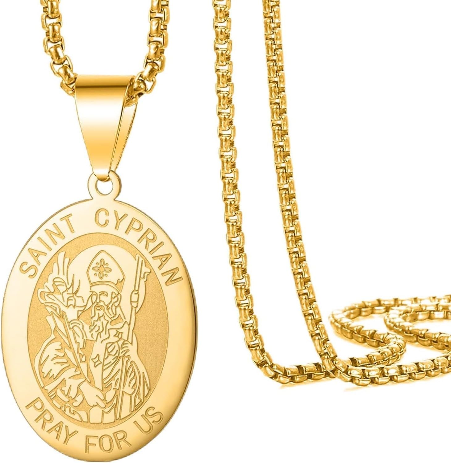 LGBBTI Protection Pendant Amulet Necklace Saint Michael Archangel Medallion Medal Jewelry Patron Miracle Coin Charm Engraved Gifts for Men Women, Gold Saint Cyprian Necklace