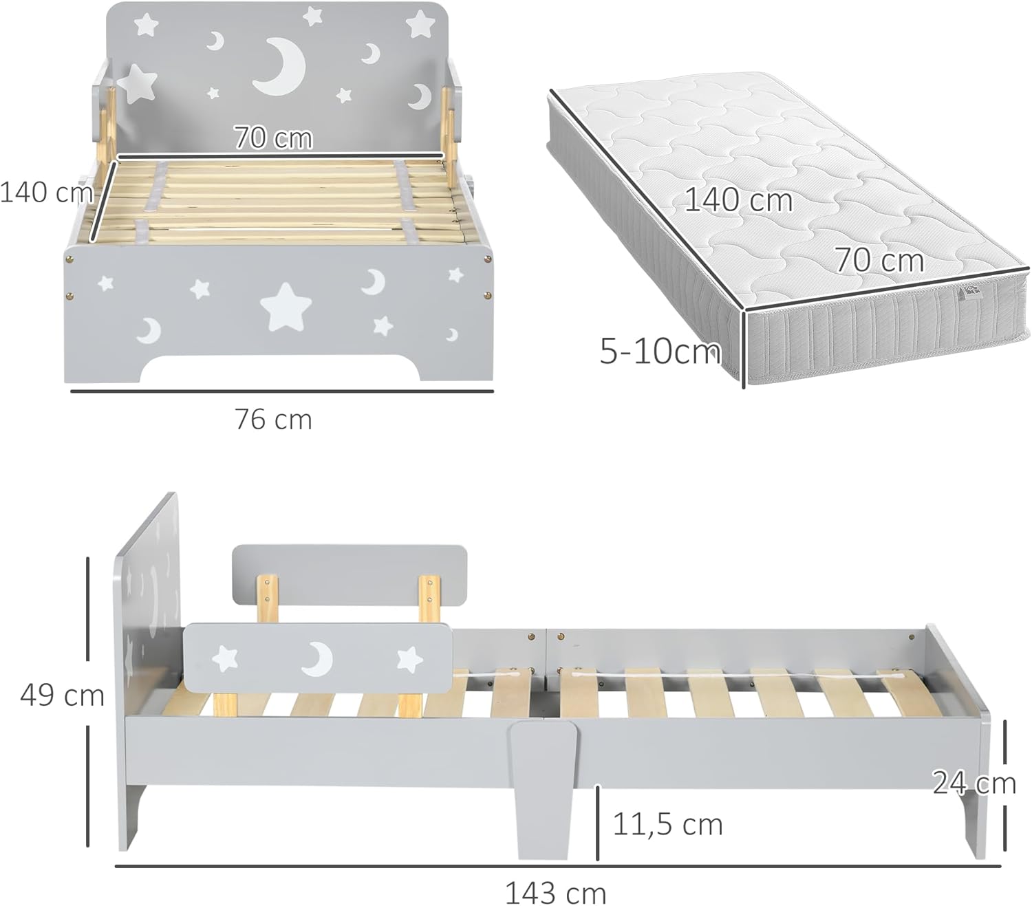 Detailed diagram showing all dimensions of the ZONEKIZ Children's Floor Bed, including length, width, height, and mattress area.