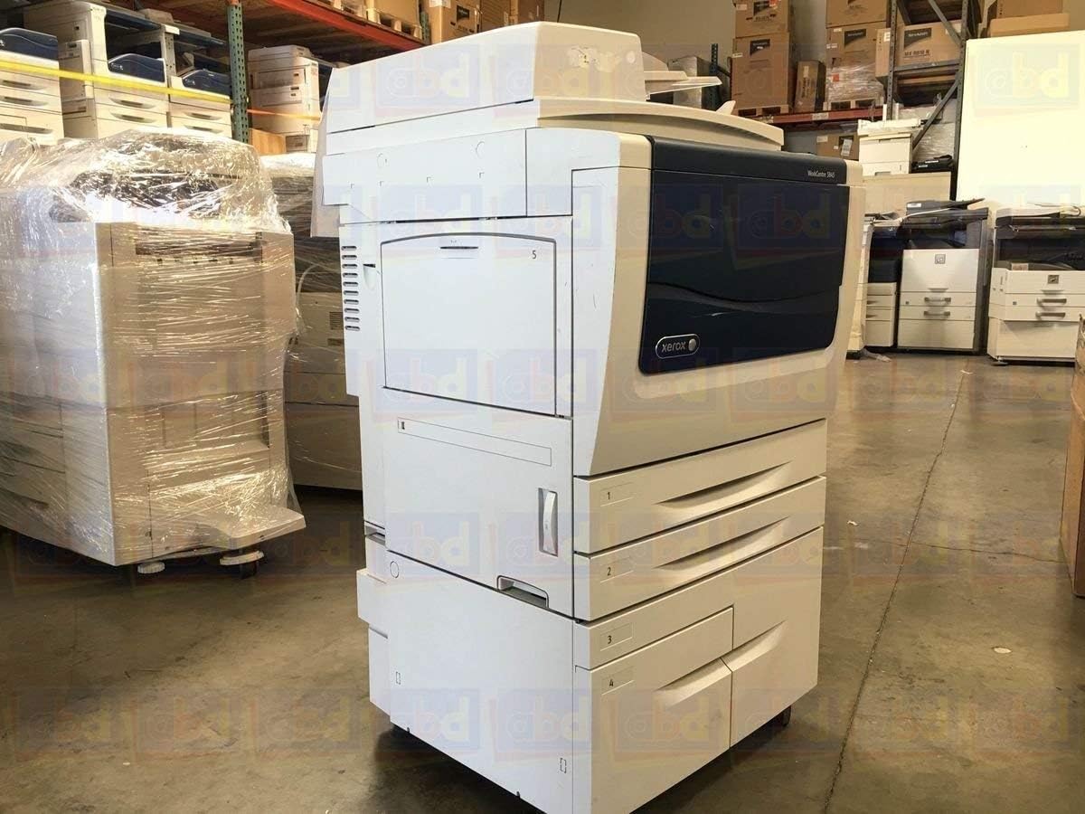 Wara view of the Xerox WorkCentre 5890 showing paper output and additional trays