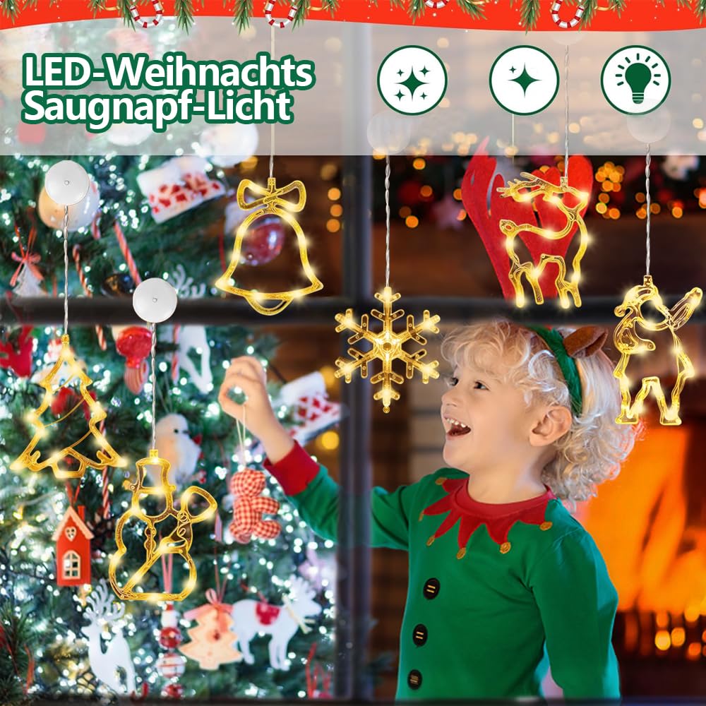 Anyingkai 6 Szt. Przyssawek LED na Boże Narodzenie, Dekoracja Okienna, Przyssawka, Dekoracja LED (Ciepła Biel)