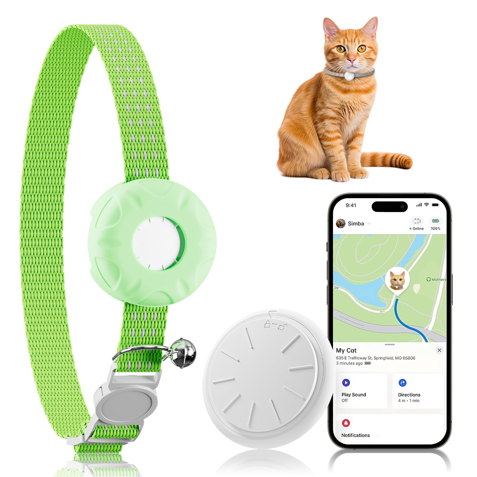 Cat Tracker, MINI GPS Tracker for Cats, No Monthly Fee Pet Tracker Compatible with Apple Find My App(Only iOS), Real-Time Tracking, Smart Alerts, Up to 1-Year Battery, Waterproof