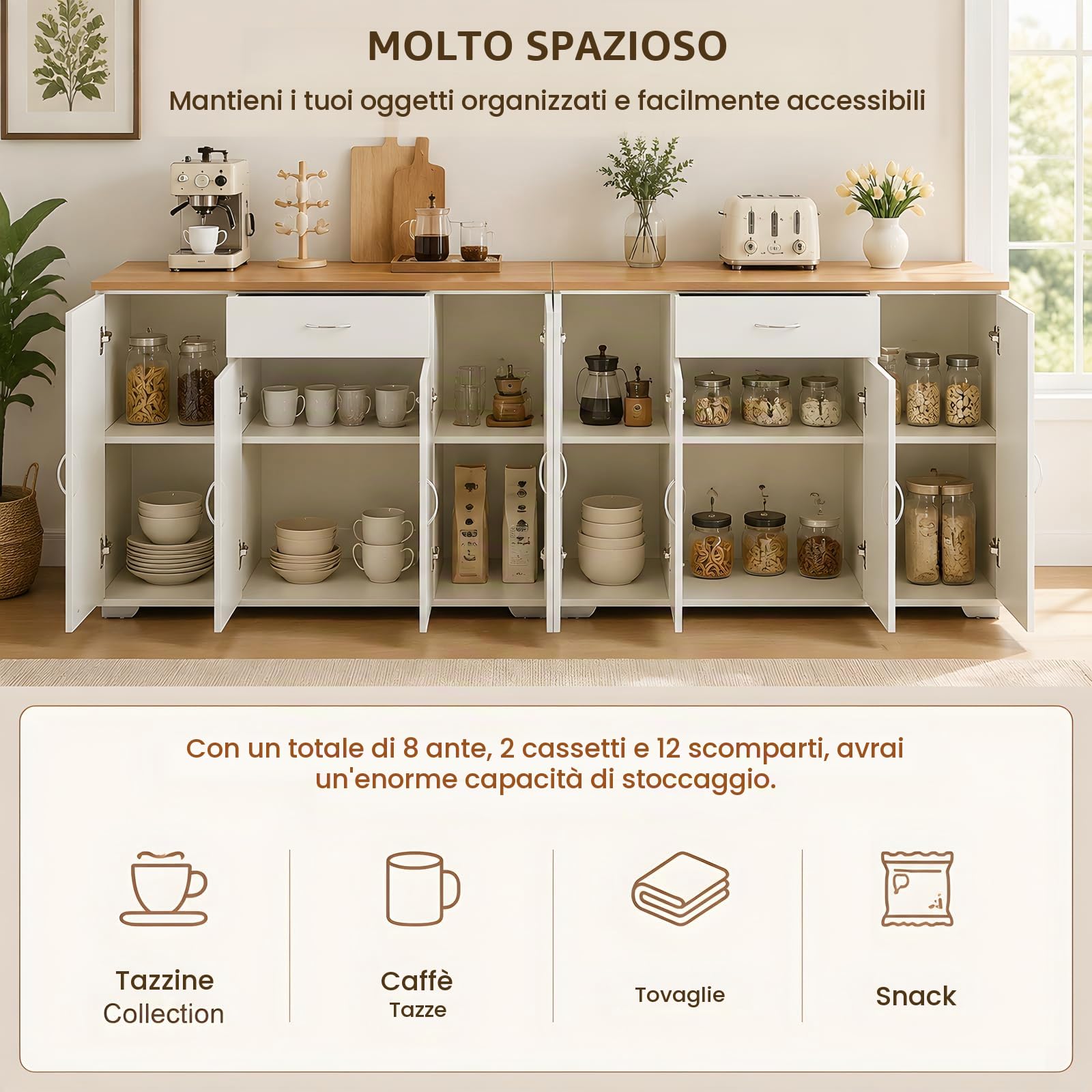Set 2 Credenze Sala da Pranzo Lunghe 220cm, Buffet XXL Sottile Bianco e Rovere, Madia con 8 Ante 2 Cassetti per Soggiorno e Open Space, 220x30x70