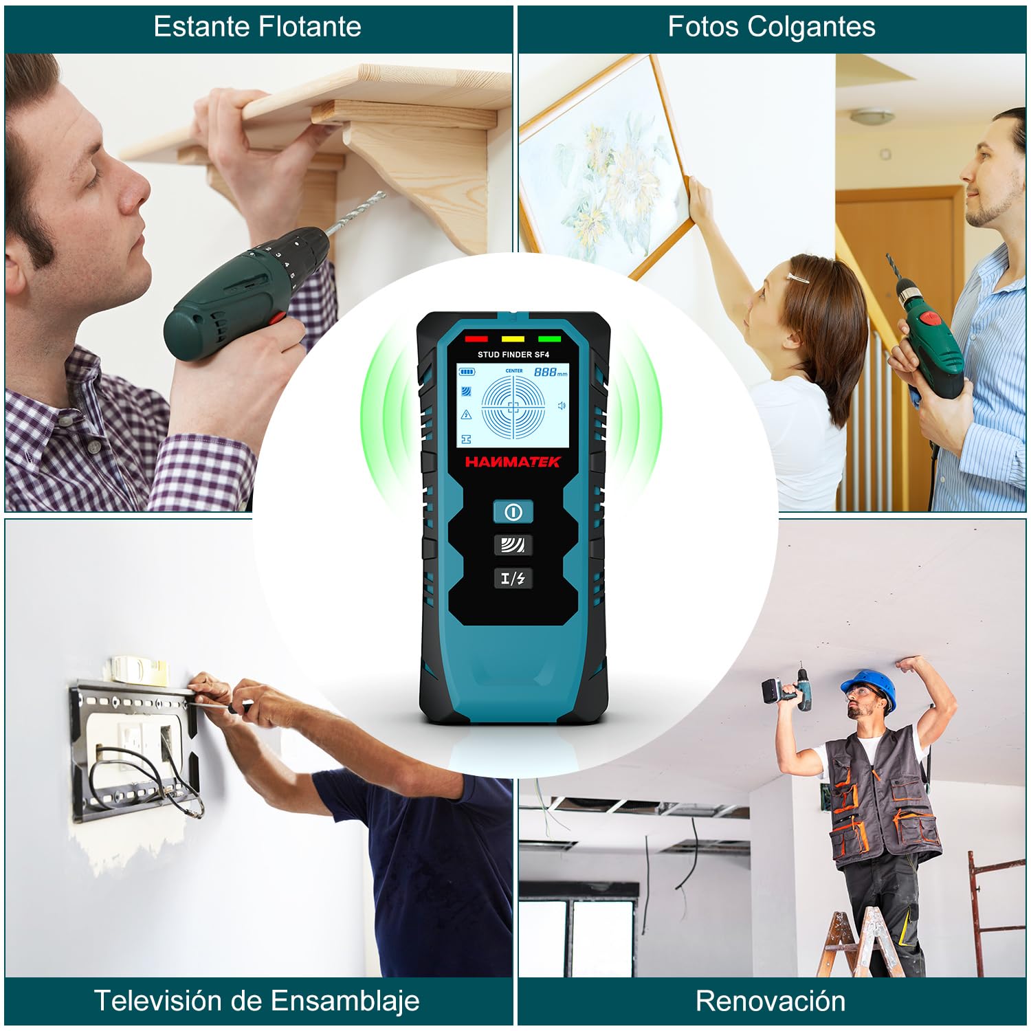 HANMATEK Detector de Vigas y Metales 5 en 1 con Sensor Inteligente, Escáner de Pantalla LCD HD y Alarma Sonora - Escáner de Pared para Metales, Cables CA, Madera y Tuberías - SF4