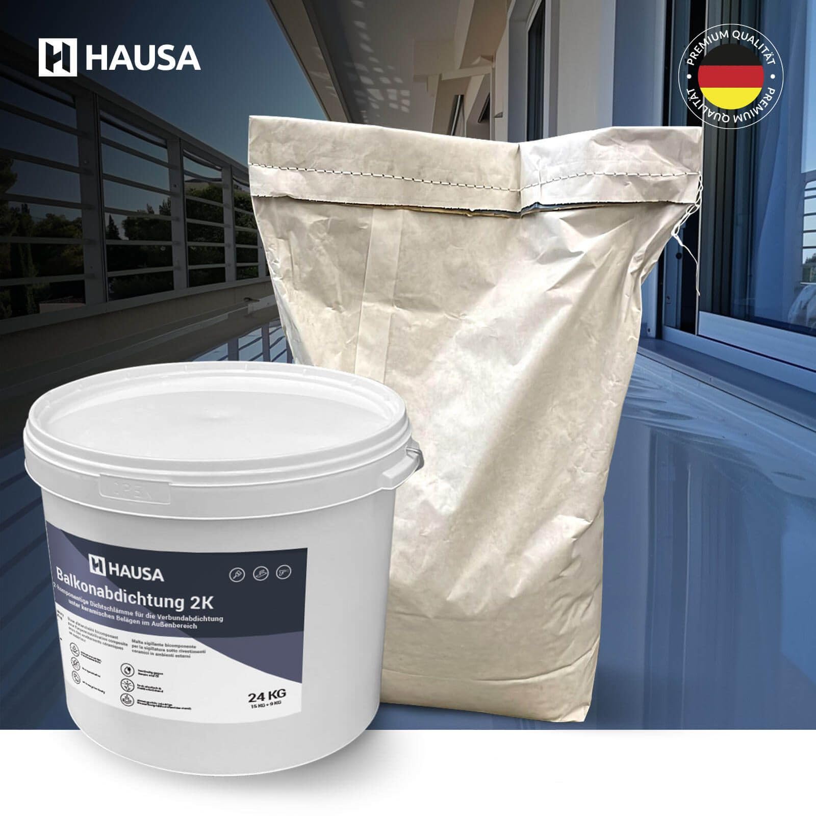 Hausa Balkonabdichtung 2K, 24kg flexible Dichtschlämme zur Abdichtung von Balkon, Terrasse, Bad, Dusche, Keller, Fundamente; Dichtungsmasse für Außenbereich, frost-, UV- und alterungsbeständig