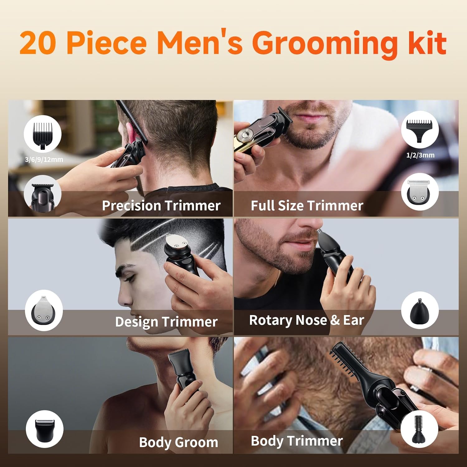 20 Piece Hair Clipper Beard Trimmer for Men, All-in-One Men's Grooming Kit for Nose,Ear,Body,Mustache, Cordless Electric Shaver Razor with IPX6 Waterproof,120-Min Runtime,LED Display