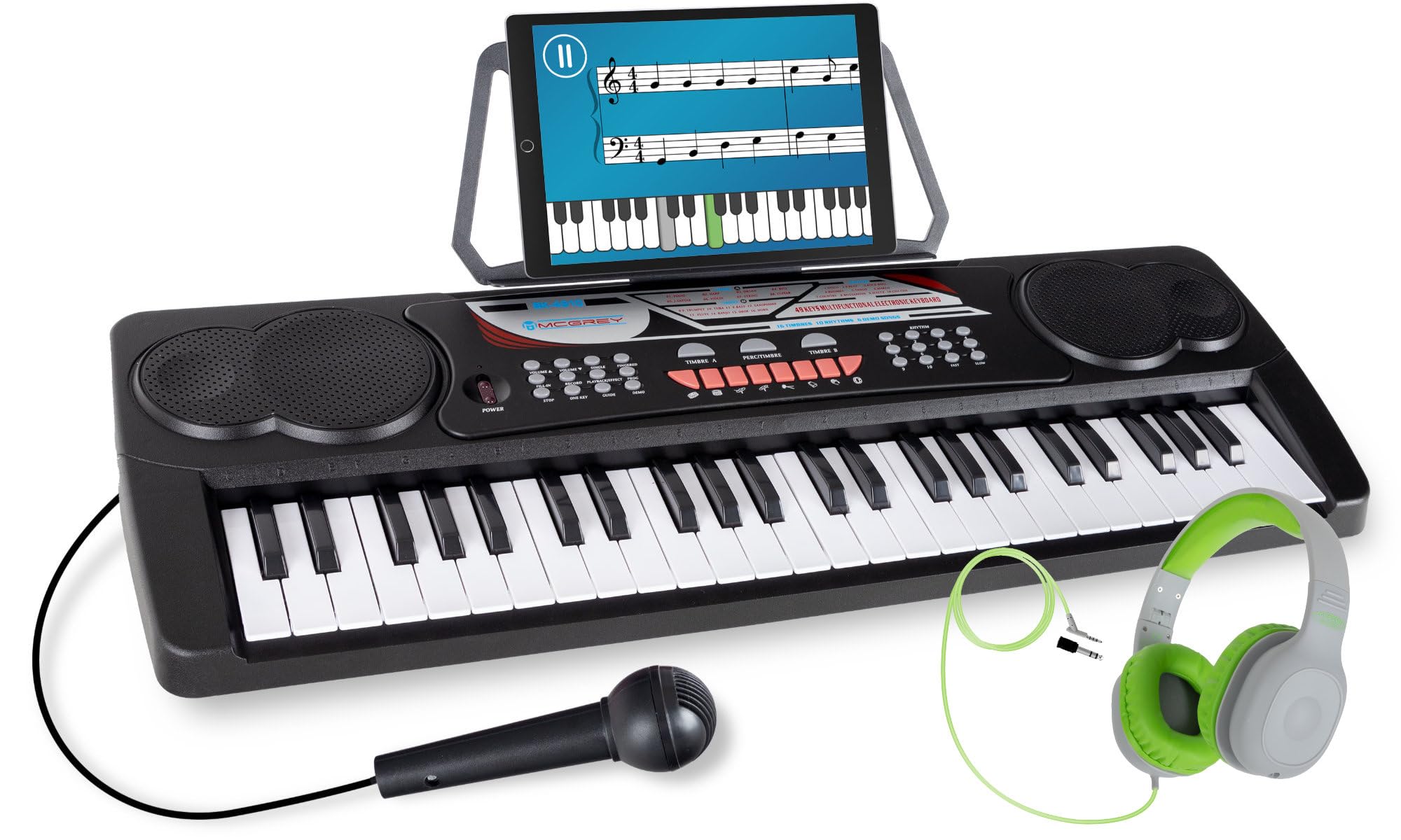 McGrey BK-4910BK Set de teclado para principiantes, 49 teclas, 16 sonidos, 10 ritmos, 8 percusiones, 6 canciones demo. Incluye micrófono, auriculares infantiles KKH-10 y atril. Negro