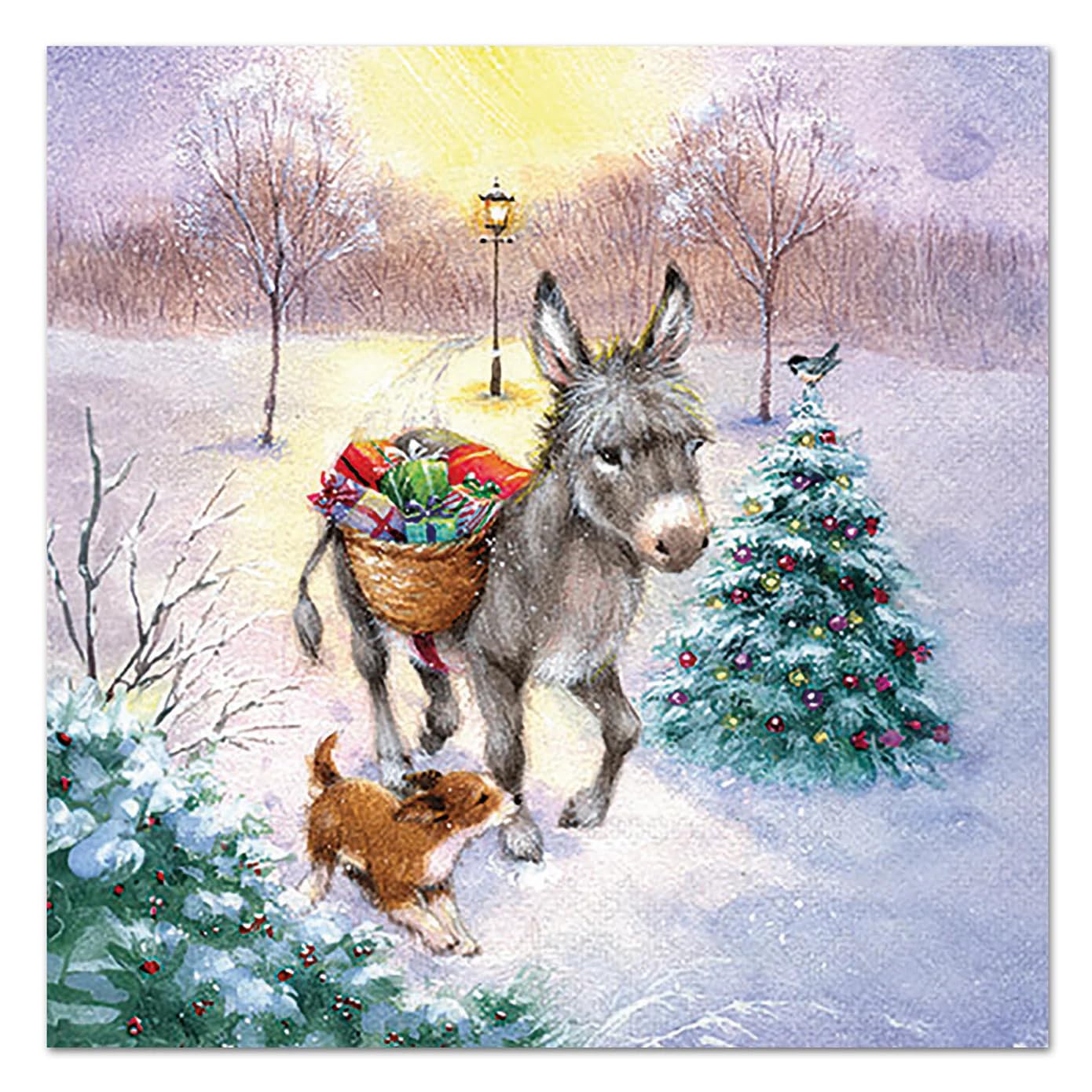 Set of 2 Individual Decoupage Paper Party Napkin Christmas Donkey Dog Gifts Watercolor Decor Luncheon Napkins for a Birthday Holiday, Wedding, Cocktail Party