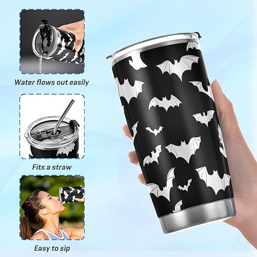 Miniatura 4 de Vaso de Halloween con aislamiento blanco y negro con diseño de murciélagos, taza de café para el regreso a clases, taza de viaje de oficina con