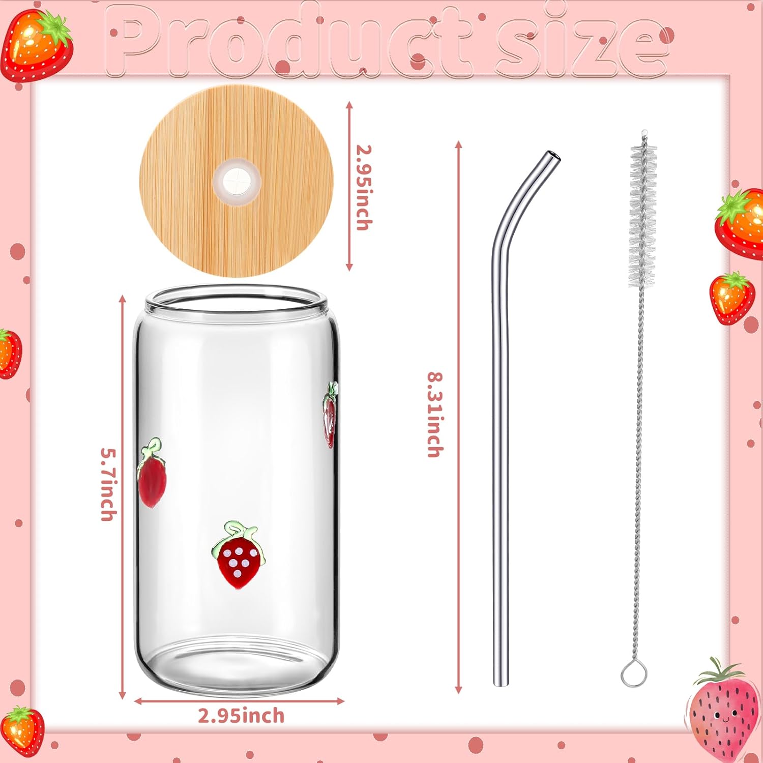 Meanplan 4 Pcs Strawberry Juice Glasses - 17 oz Strawberry Icon Glass Cups with Lid, Straw and Cleaning Brush, Tea Beer Coffee Soda Glassware for Valentines Day Party Favors Gifts - Image 4