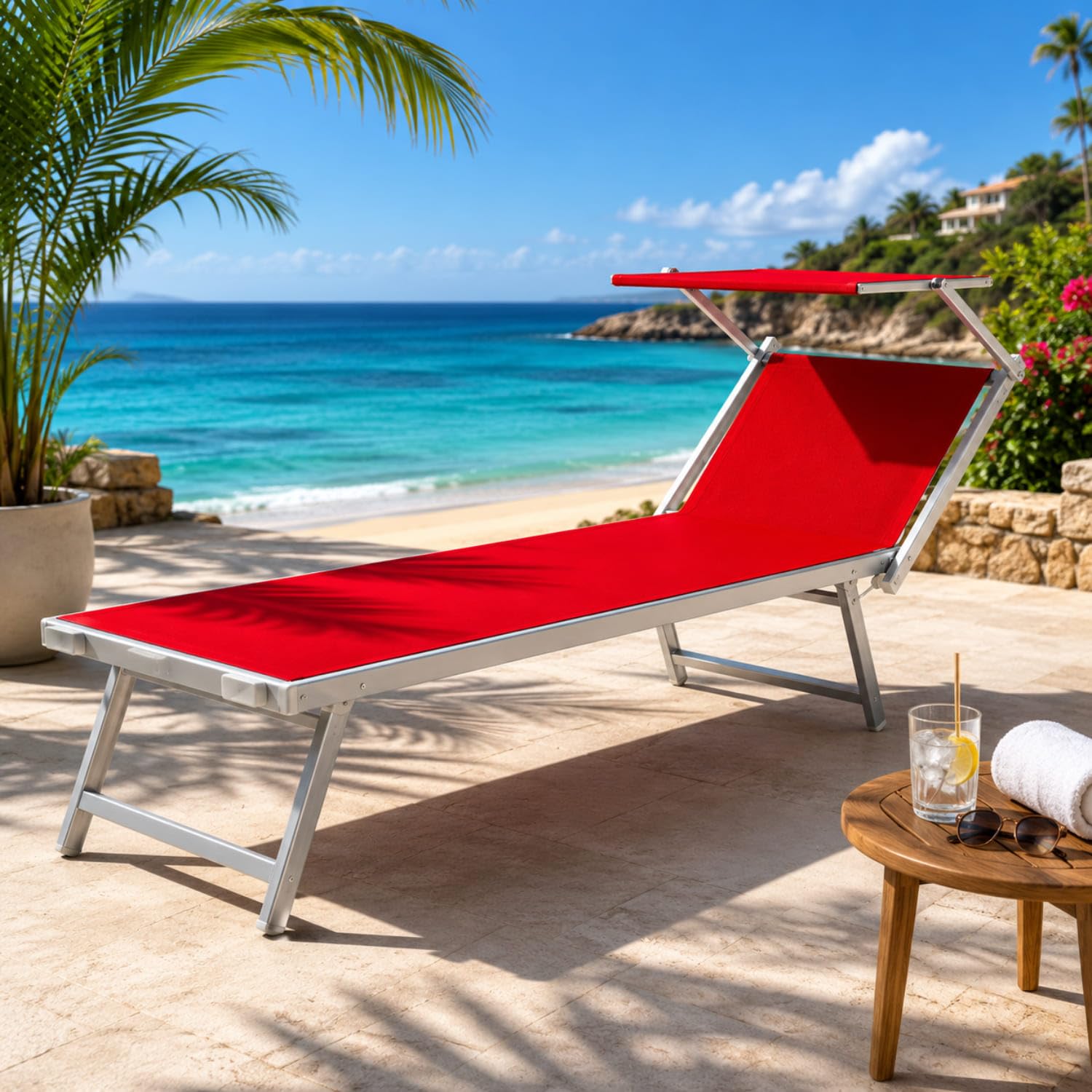 Lettino Prendisole Pieghevole Professionale In Alluminio E Tessuto Textilene Tettuccio Orientabile Tettino Parasole Sdraio Prendi Sole Mare Spiaggia Piscina Giardino 182 x 60 x 38 cm Rosa
