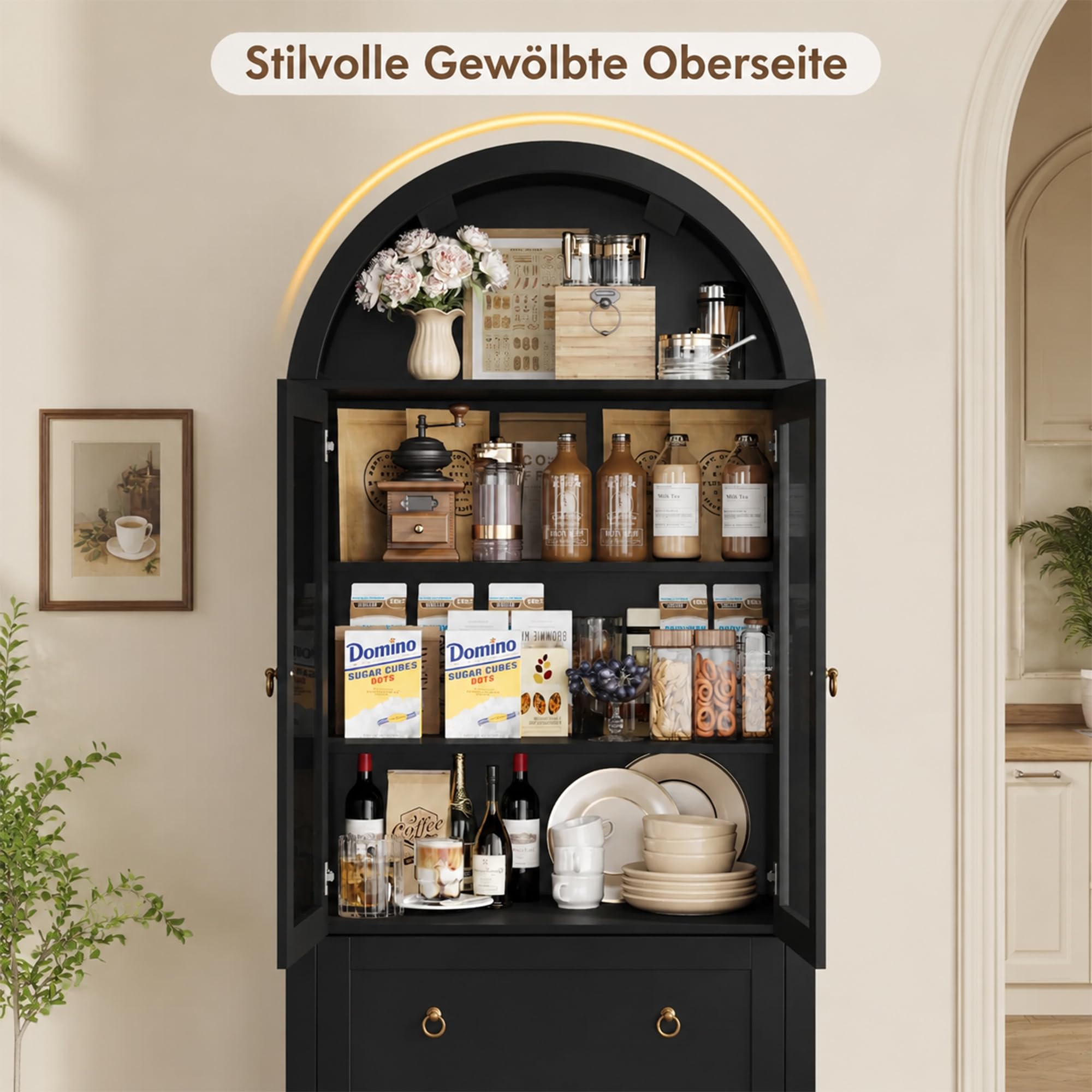 Merax Hochschrank Küchenbuffet, Buffetschrank mit Verstellbaren Ablagen, Hoher Bogen-Aufbewahrungsschrank, mit Schubladen und Glasschranktüren, für Küche und Wohnzimmer, Schwarz, 80x36x170 cm