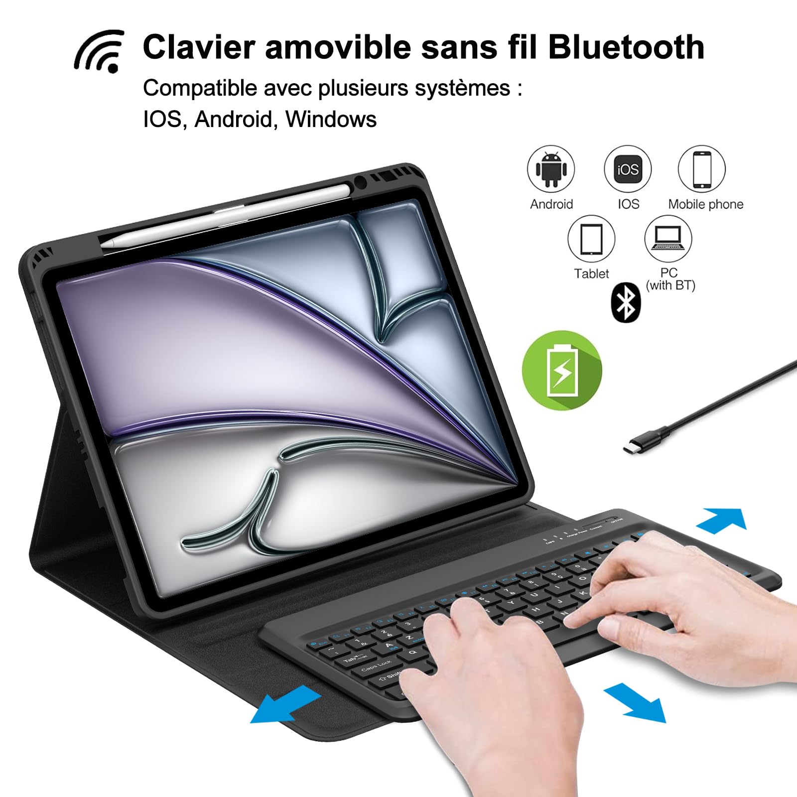 Clavier IPad Air 13" (M2 2024/M3 2025) IVEOPPE Avec Trackpad - AZERTY Rétroéclairé 7 Couleurs, Noir