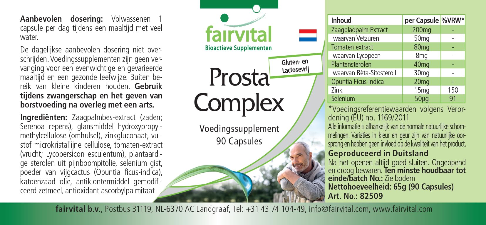fairvital Prosta Komplex, VEGANO, ALTO DOSAGGIO, 90 capsule, con selenio, zinco, palma nana, licopene, beta-sitosterolo e opuntia