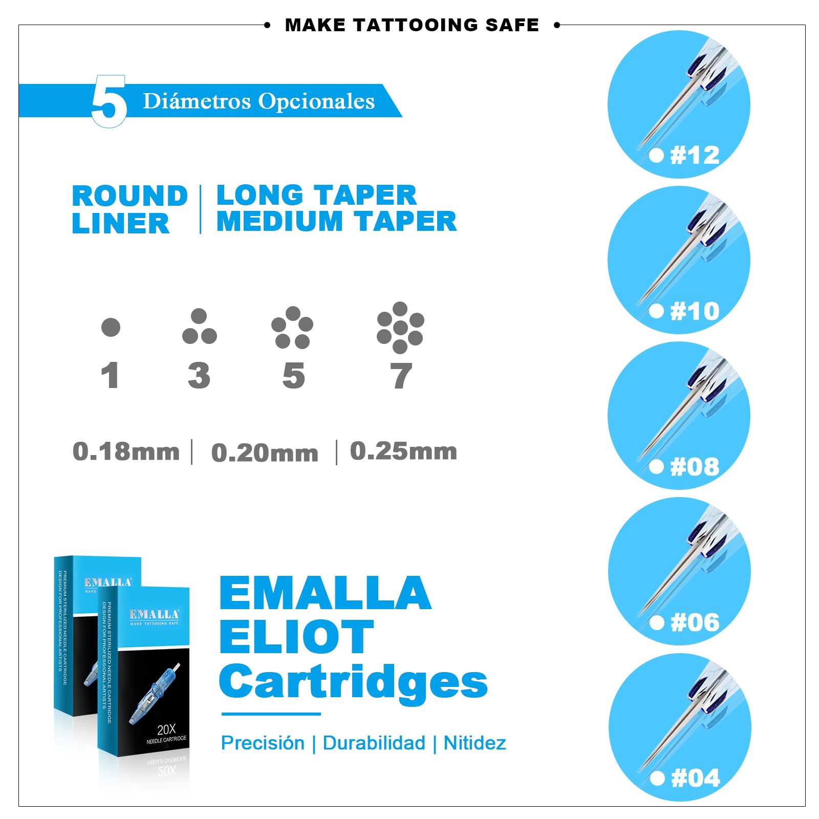 EMALLA ELIOT 20pcs 0803RLL Agujas de Tatuar #08 3RLL Round Liner Cartuchos Tattoo Cartridge Needles para Maquina de Tatuar