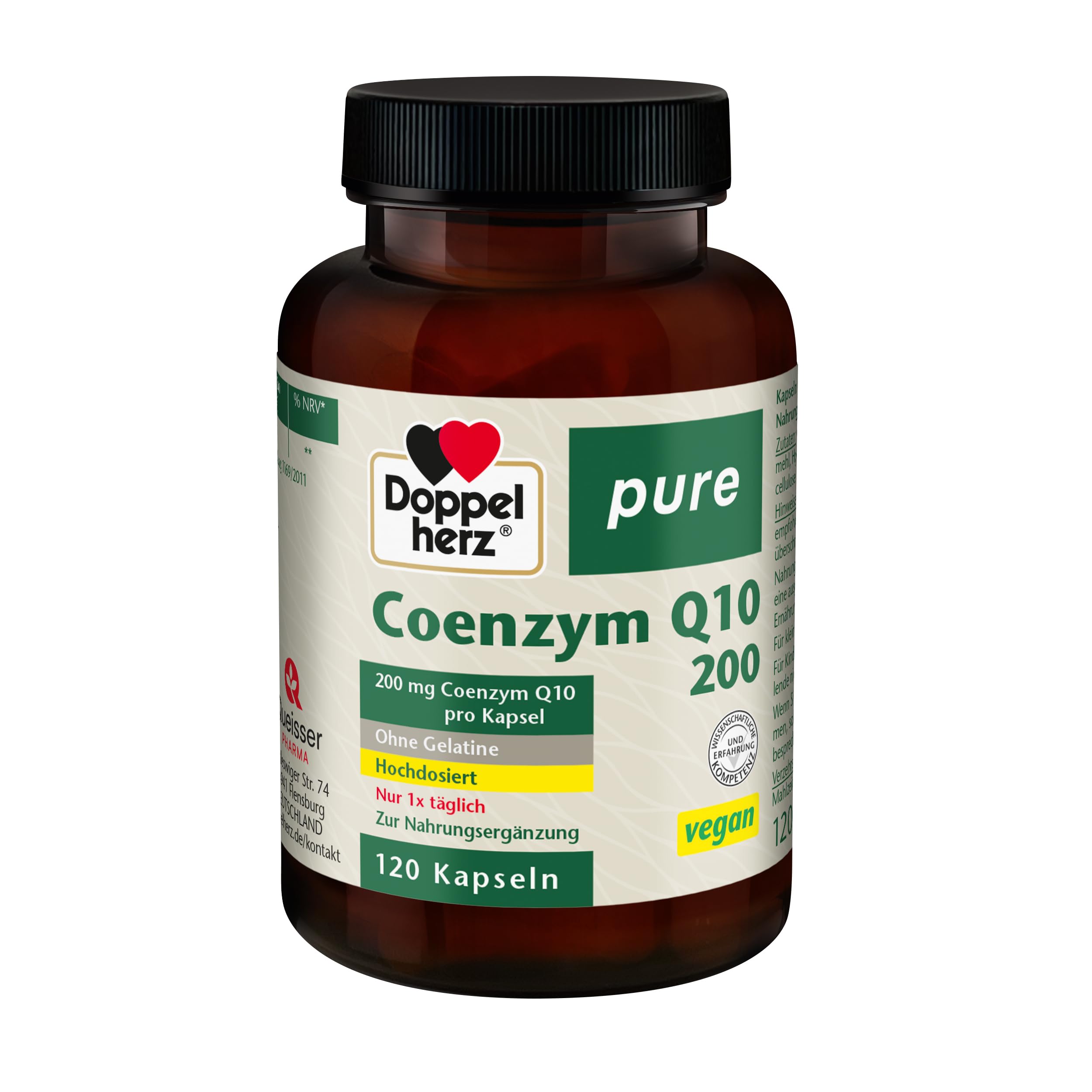 Doppelherz pure Coenzym Q10 200 mg pro Kapsel - Hochdosiert und nur einmal täglich - Pflanzliche Kapselhülle - vegan - 120 Kapseln