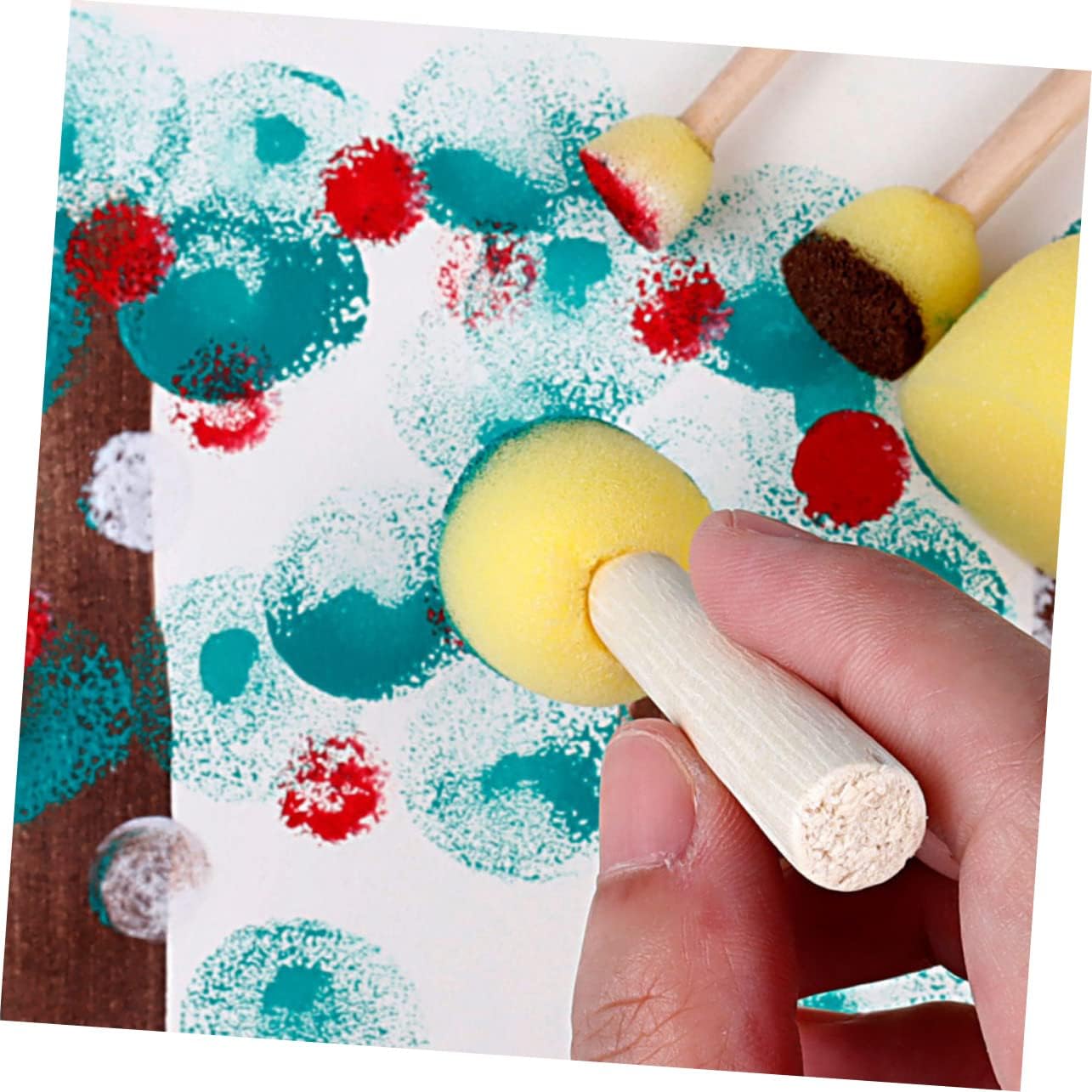 SHINEOFI 12 Pcs Wooden Handle Sponge Brushes for Painting Art Tools Comfortable Grip Doodling Sponges for Unique Shapes and Patterns Easy to Use and Clean Premium Quality