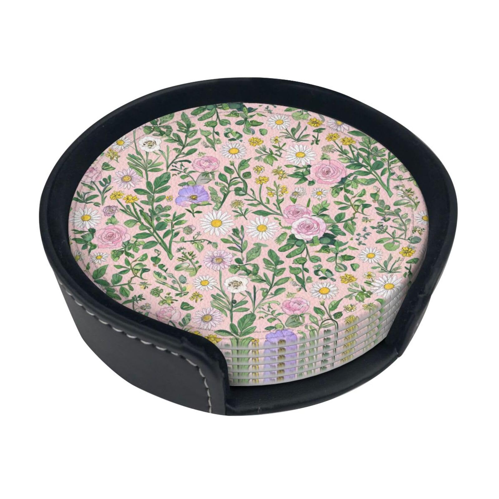 Garden Party Leather Coasters-Set of 6 with Storage Holder
