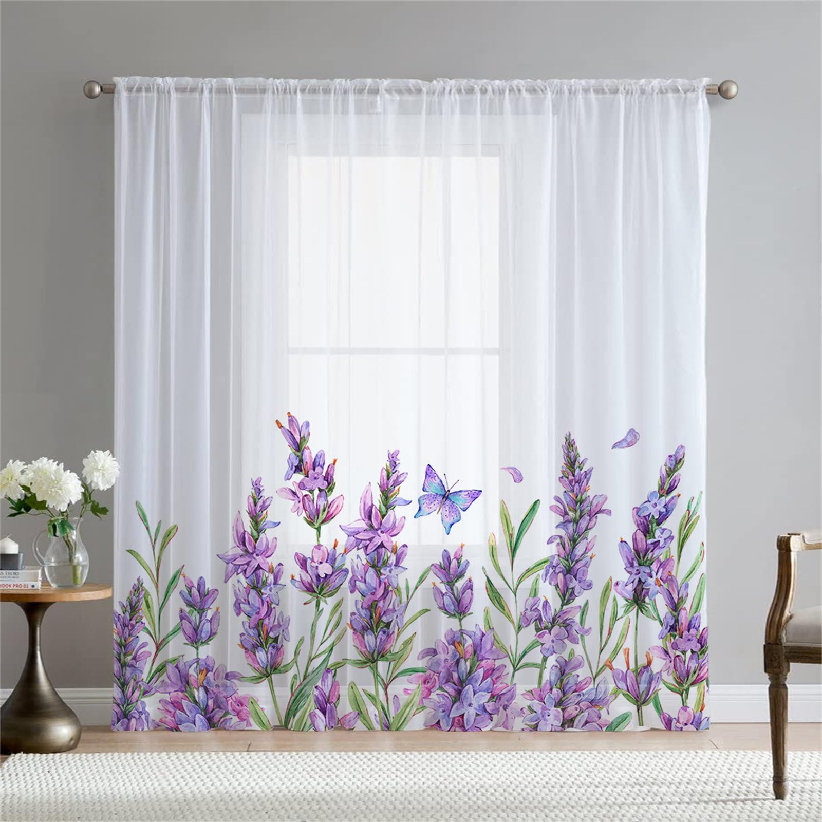 Surwin Translucidas Cortinas Salon, Dormitorio, Cocina - Cortinas y Visillos Estampadas Estilo Pastoral Nórdico, Visillos Cortos para Ventanas, 2 Piezas Cortina con Ojales (W132xH160cm,Lavanda)