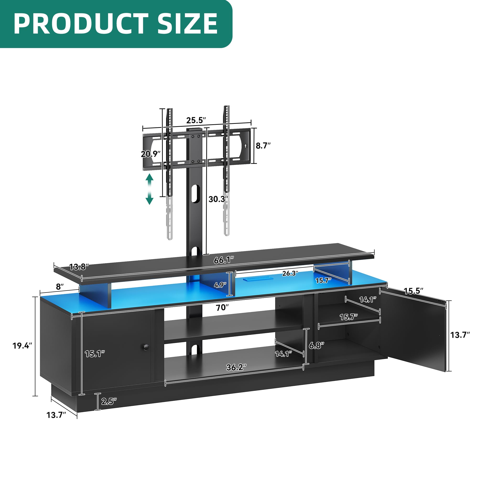 YITAHOME 70" TV Stand with Mount for TVs up to 75/80 Inches, Entertainment Center with Power Outlet & LED Lights, Modern TV Console for Living Room (Black)